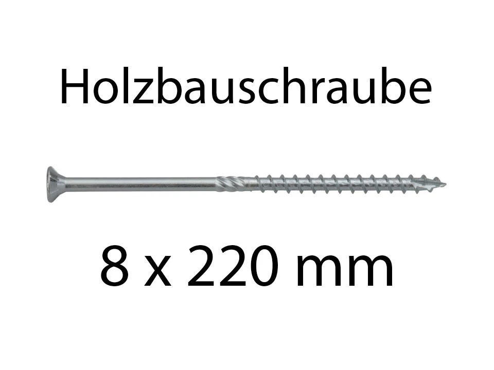 <p><strong>Holzbauschraube 8 x 220 mm</strong></p><p>Stahl, verzinkt TX40, 25 Stück</p>